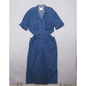 Vintage BIS Gene Ewing Dress Medium Blue Chambray Midi Pockets Button USA Modest